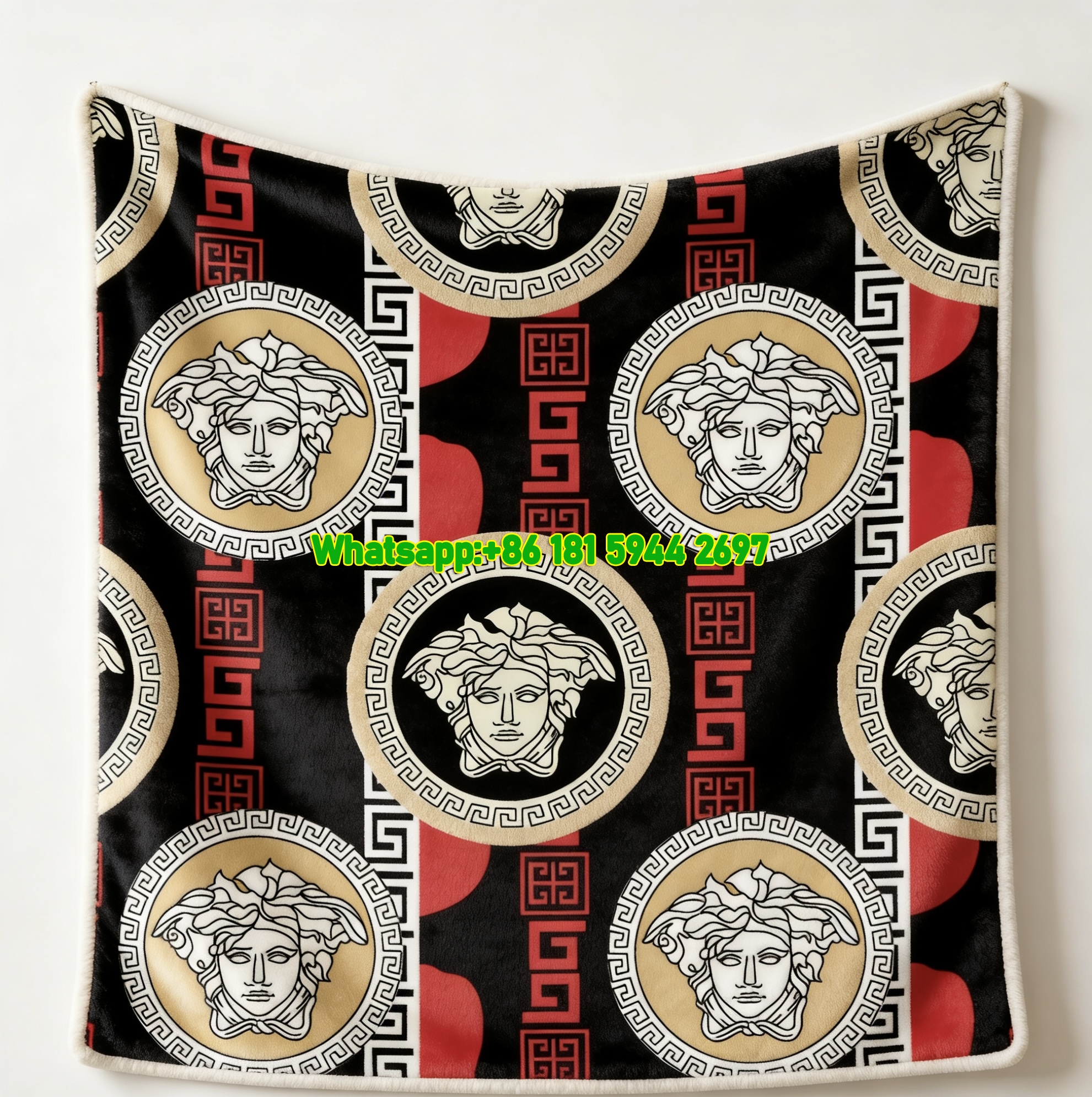 Versace Black Red Gold Medusa Greek Key Print Flannel Sofa Throw Blanket IMG_1428